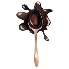 A spoon with melted chocolate. Bitter chocolate. Watercolor illustration.