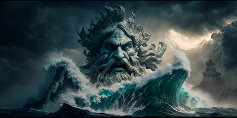 Poseidon's Wrath: Shipwrecks and Monsters in the Stormy Seas - obrazy, fototapety, plakaty
