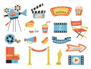 Cinema theater movie film studio production line doodle isolated icon set. Vector flat graphic design element concept