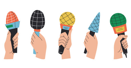 Journalist press hand arm hold microphone and ask questions concept. Vector graphic design element illustration