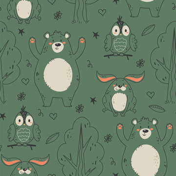 Forest animal woodland seamless cute pattern cover background line art concept. Vector graphic design element illustration
