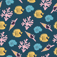 Seamless pattern sea animal underwater coral reef tropical wallpaper concept. Vector graphic design illustration element