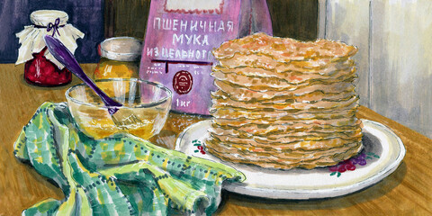 Maslenitsa. Still life with freshly baked pancakes. Drawing with markers. Handmade.