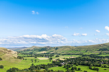 Beautiful field view on Edale village and Mam Tor at Peak District National Park, England, UK....