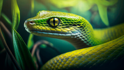 Fototapeta premium Close-up of a green mamba snake luring in a tropical environment with lush green plants