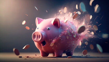 Exploding pink piggy bank with a surprised look on its face while coins are flying around - obrazy, fototapety, plakaty