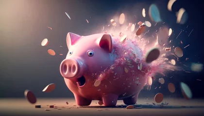 Fotobehang Exploding pink piggy bank with a surprised look on its face while coins are flying around © Polarpx