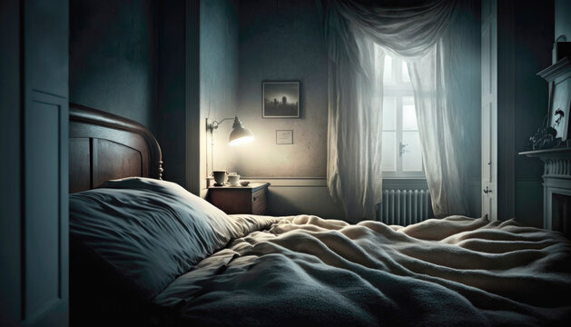 Bedroom with a wooden bed with a large pillow and soft white plaid, the stylish bedroom is lit up by a nightlamp and the moon