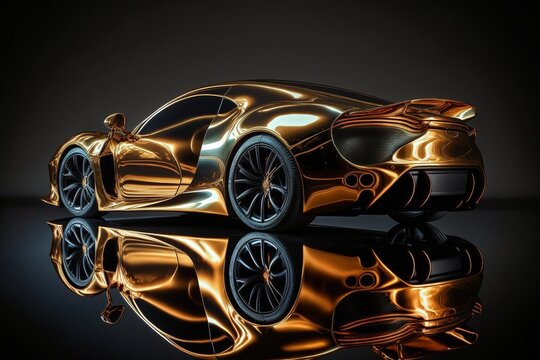 Generic gold exotic sports car isolated on a black background illustrated with generative AI