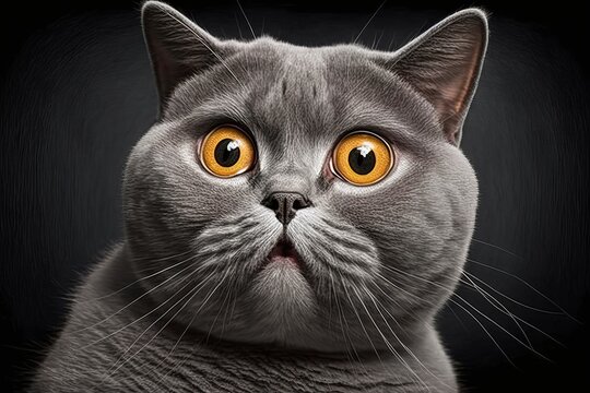 Funny british shorthair cat portrait looking shocked or surprised. Generative AI
