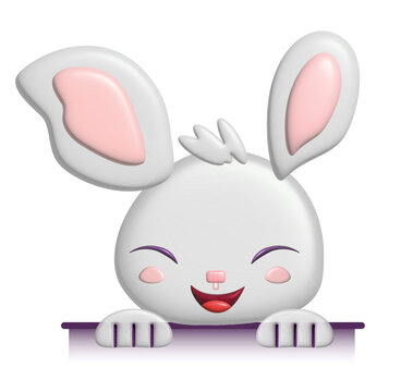 3d illustration of Easter Bunny in pastel colors. White easter rabbit. Animal character isolated on white background. Happy Easter banner, poster, greeting card. Trendy Easter design in cartoon style.