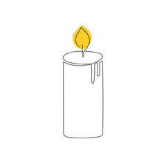 Candle drawn in one continuous line with color spot. One line drawing, minimalism. Vector illustration.