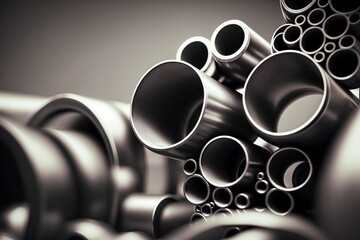 illustration, gray industrial steel pipes with blurred background, ai generative - obrazy, fototapety, plakaty