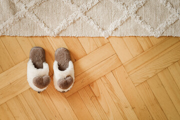 children's cute slippers with hearts near a beige rug in a bright sunny room with parquet. top view, space for