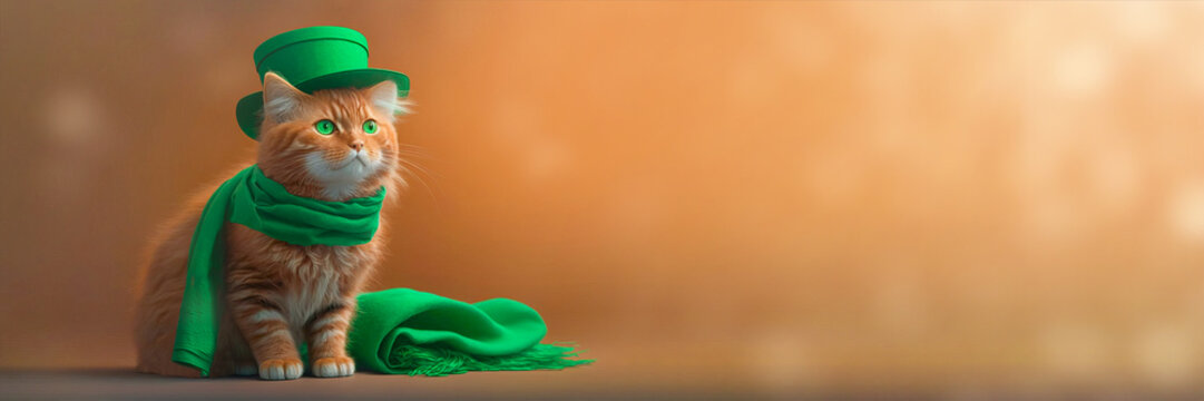 St. patrick's day cat with green hat and copy space. Cute red cat in a green hat on a red background. St. Patrick's Day celebration, Generative AI