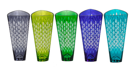 Handmade colorful glass vases home decor element isolated on white. Multicolored glassware vases.