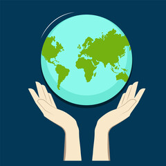 Hands and Earth. Hands raised up holding the ground. Flat style.  