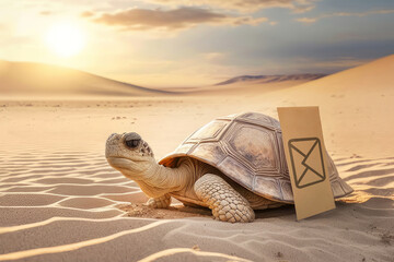 Slow internet connection. The turtle is crawling in the desert next to the email sign. The concept of slow internet and downloading information over the Internet. generative AI. - obrazy, fototapety, plakaty