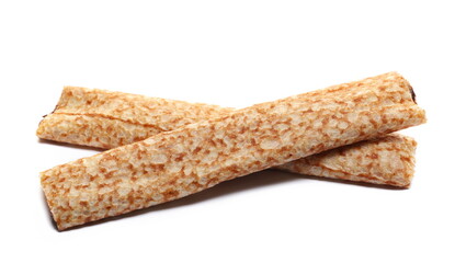 Crepes with chocolate flavour filling isolated on white, side view