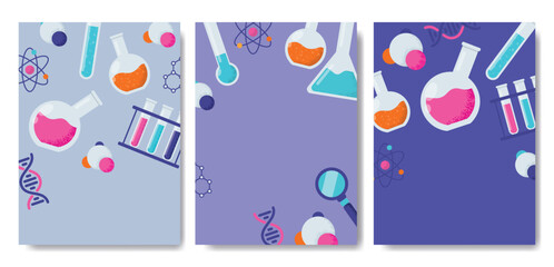 A large set of chemical, biology, physics, laboratories backgrounds showing various experiments, glassware and molecules isolated on white for design elements, colour vector illustrations