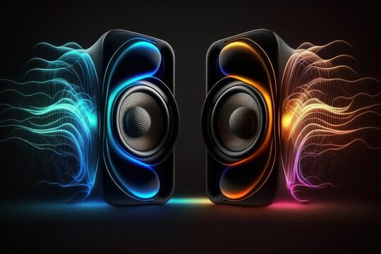 Two sound speakers in neon light with sound wave between them. Background with selective focus. AI generated