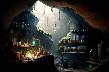 Laboratory in a cave art screen background created with Generative AI technology
