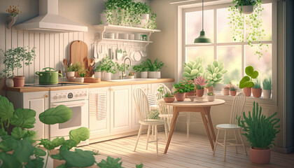 Interior of a kitchen, cooking area, informal or formal dining room designed with a springtime feeling
