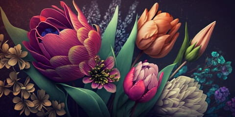 a bunch of spring flowers wallpaper background painting. Generative AI