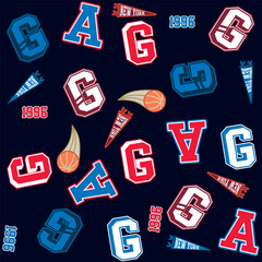 Athletic Letter and Signs. Pattern With cool colors. Flags. and Basketball ball. Fashion Style.