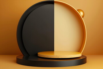 Black and orange circle podium pedestal for product display on orange background. Ai generative