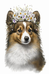 Shetland sheepdog with a crown of flowers isolated on a white background watercolor, Generative AI