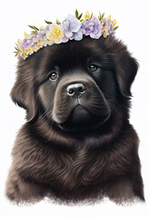 Newfoundland with a crown of flowers isolated on a white background watercolor, Generative AI