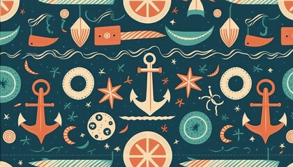 A beautiful nautical pattern with anchors, ships, sea for a fun and playful look.