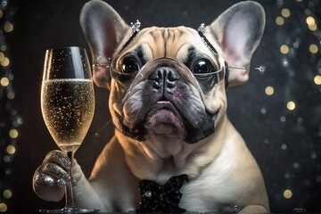 French Bulldog drinking champagne on New Year's Eve party