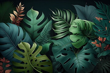 Many green tropical leaves background. Ai generative