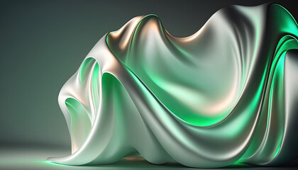 White green abstract Wavy Satin glass Background with Neon Lighting highlights and reflections - Generative AI