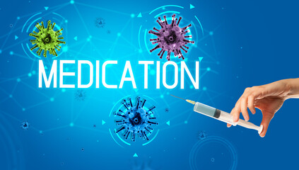 Syringe, medical injection in hand, coronavirus vaccine concept