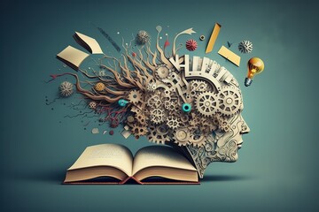 Concept of education and success. Online education, new idea. Collage with a brain, gears, book