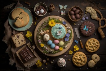 Easter table scene with an assortment of breads, desserts and treats, top view over wood stock photo Easter, Cookie, Table, Baking, Dessert - Sweet Food