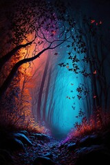 illustration, autumn forest at night, ai generative