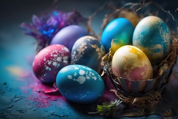 Obraz na płótnie Canvas Colorful Background with Dyed Eggs stock photo Easter, Easter Egg, Backgrounds, Blue, Egg - Food