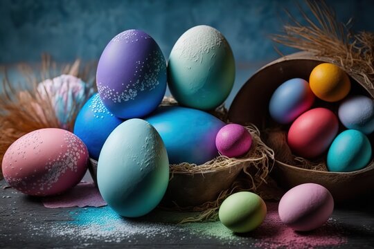 Colorful Background with Dyed Eggs stock photo Easter, Easter Egg, Backgrounds, Blue, Egg - Food