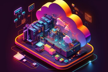 Cloud technology concept. Data center concept. Modern cloud technologies. Neon colors, cyber space, isometric illustration network with computer, laptop, tablet and smartphone. For web
