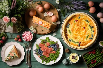 Easter festive table with salmon, asparagus, salad, potato, muffins and berry pie stock photo Easter, Dinner, Brunch, Table, High Angle View