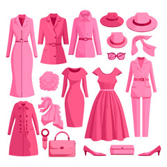 Set of women's clothing in pink colors. Vector stock illustration eps10. Isolate on a white background.