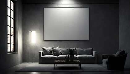 Blank picture frame mockup on white wall. Modern living room design. Three vertical templates for artwork and painting. Generative AI.	