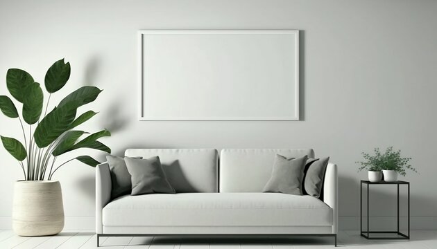 Blank picture frame mockup on white wall. Modern living room design. Three vertical templates for artwork and painting. Generative AI.	