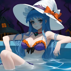 pretty girl in pool with hat heloween style