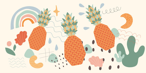 Pineapples. Pastel illustration with doodle art in a flat style. Vector image