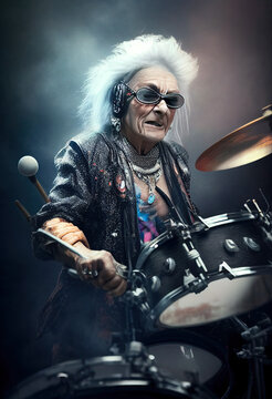 Glam rock senior lady playing drums, Generative AI